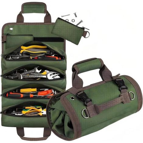Sac à Outils en Oxford Haute Densité avec Bordure Marron, Pochette de Rangement pour Électricien et Quincaillerie, Vert (1/4)