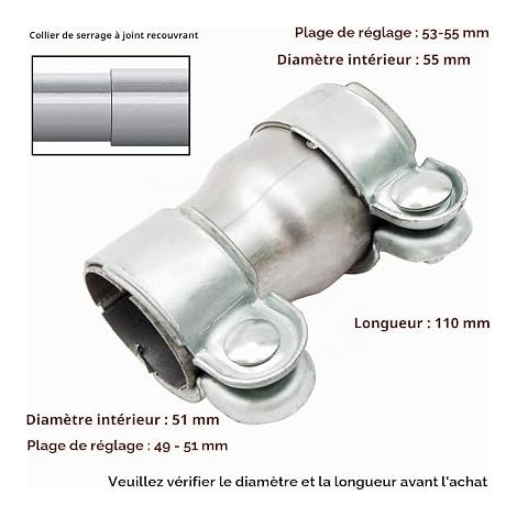 Pipe Connector Exhaust Clamp 51mm to 55mm Reducer Strip Exhaust Pipe Stainless Steel Clamp Double Exhaust Sleeve Fitting (1/4)