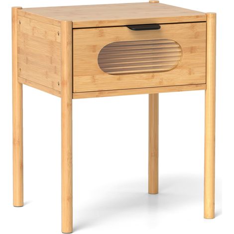 Mesita de noche de bambú con cajón de cristal - Acabado natural