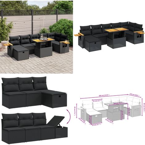 Salon de jardin 8 pcs avec coussins noir résine tressée - Ensemble Salon De Jardin - Meuble Extérieur - Résine Tressée - Rotin Synthétique - Table Extensible - Home & Living (1/5)
