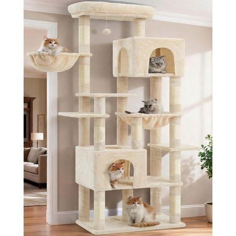 Arbre à Chat XXL 193cm, Base Extra Large, Tour Lourde avec 10 Poteaux en Sisal et 2 Hamacs pour Chats, 2 Niches Design, Mobilier et Couchage pour Chats Géants, Beige HCT039M (1/5)