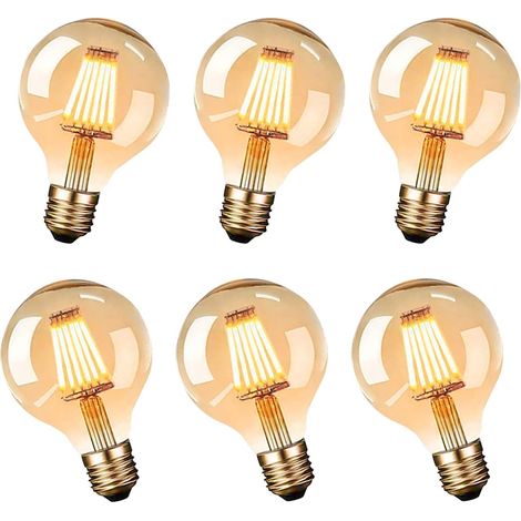 Ampoule LED E27 Vintage Edison, Ampoules Vintage Edison G80 6W (Équivalent à 60W) Longue Durée Ambre Chaud - Lot de 6