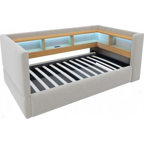 Canapé-lit 90x190 cm avec rangement hydraulique, LED et prises intégrées, tissu flanelle gris clair (1/5)