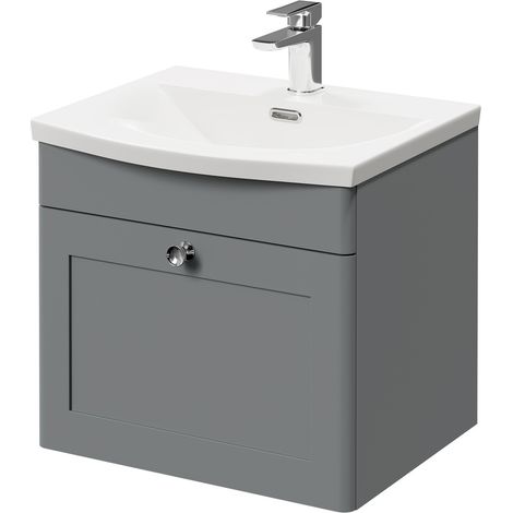 Wholesale Domestic Danbury Satin Grey 500mm Wall Mounted Vanity Unit with 1 Tap Hole Curved Basin and Single Drawer with Polished Chrome Handle (1/5)
