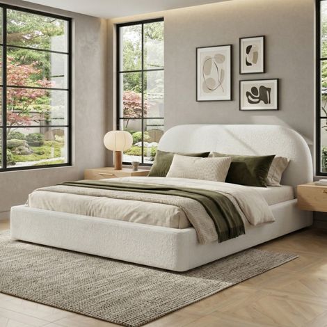 Cama tapizada de matrimonio moderna 180x200 cm en bouclé beige con cabecero grueso y somier de láminas (1/5)