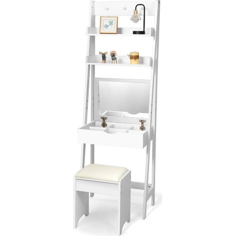 COSTWAY Tocador de Maquillaje con Taburete, 60 x 40 x 180 cm,Mesa de Maquillaje con Espejo Plegable y Estantes,Mesa Tocador,Tocadores Modernos con 3 Ganchos de Cosmético para Dormitorio