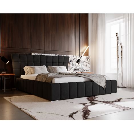 Emporius Lit double 180x200 cm Deluxe, lit glamour Chesterfield en velours avec rangement, Noir (1/5)