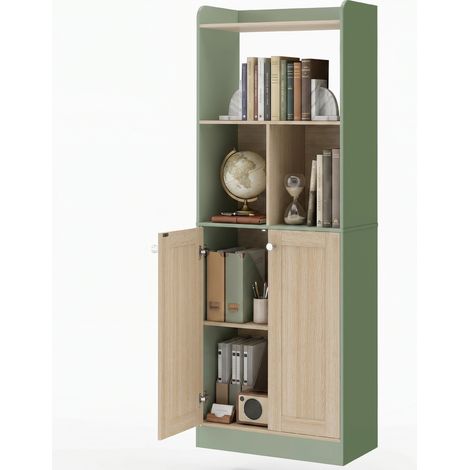 Bibliothèque à 5 niveaux avec 2 portes, 60 x 30 x 161,2 cm, bois vert et naturel
