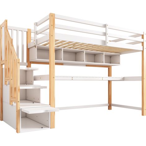 Lit mezzanine pour enfant [old sku30606012AAN] avec grand bureau et étagères, couleurs écologiques, naturel et blanc[OLD SKU:N634P18638123W-1] (1/5)
