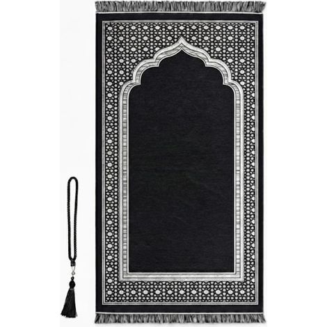 1 tapis prière, velours doux, motifs traditionnels, tasbih 99 perles, usage ramadan aïd hajj (1/4)