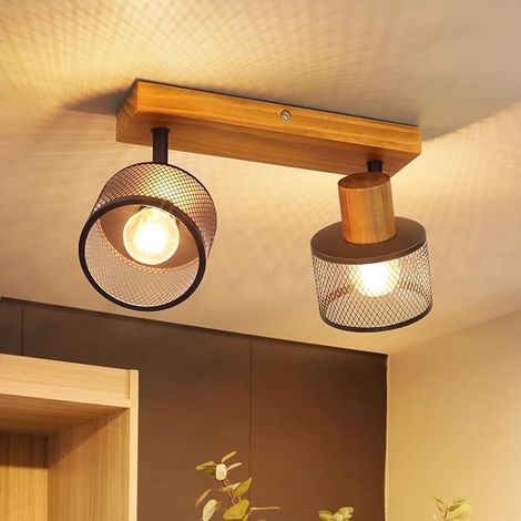 GBLY Lampe Plafond Couloir Projecteur Plafond Bois Vintage Plafonnier 2 Lumières E14 Lampe Couloir Noire en Métal Spot Mural Orientable avec Grille Rétro Spot Lumineux pour Cuisine Bar Sans Ampoule