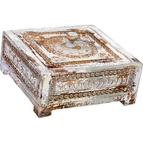 Caja de madera tallada acabado artesanal envejecido azul 19x19x10h cm
