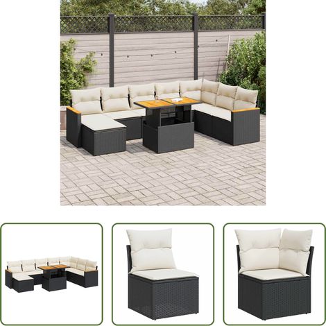 vidaXL Canapé extérieur - Salon de jardin avec coussins 9 pcs noir résine tressée acacia (1/5)
