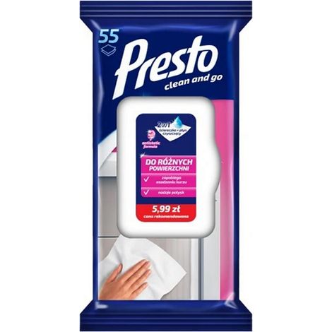 Presto Reinigungstücher + Reinigungsflüssigkeit 2 in 1 für verschiedene Oberflächen, 55 Stück