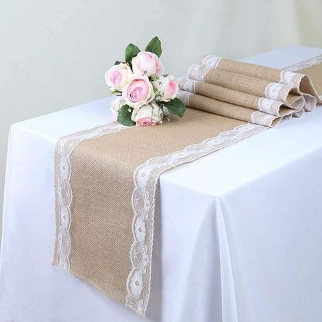 Chemin de Table - Vintage - Jute et Dentelle - 275 x 30 CM - Décoration Mariage - 1PCS