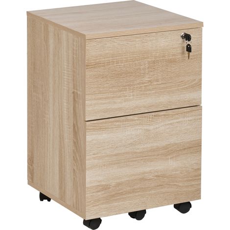 Armario de oficina industrial madera de ingeniería 2 cajones para documentos ruedas cerradura con llave marrón claro Johnson