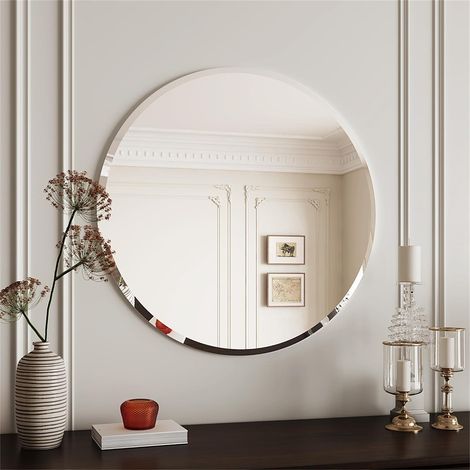 Espejo de Baño de Pared Biselado Decorativo sin Marco, Espejo Minimalista Redondo de Vidrio Plateado para Comedor Salón Entrada Pasillo, 60x60 cm