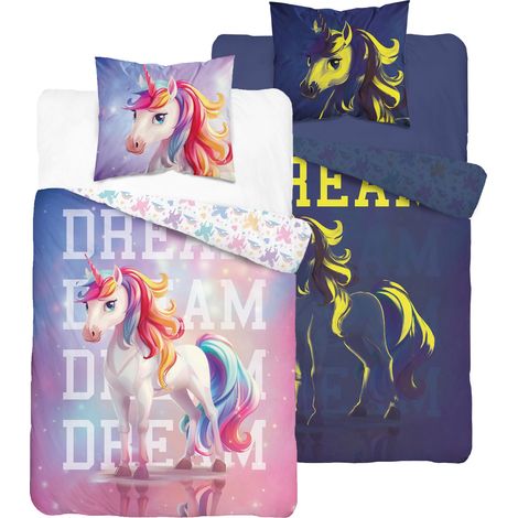 Parure de lit phosphorescente 140x200 Licorne Arc-en-ciel Licorne colorée (1/5)
