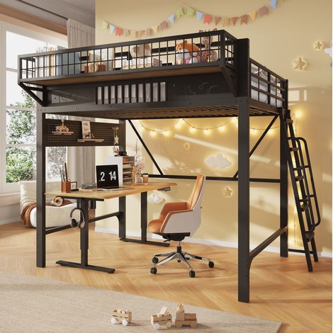 Letto a soppalco 235x169x188 cm con vani portaoggetti, spazio inferiore aperto, metallo nero (1/5)