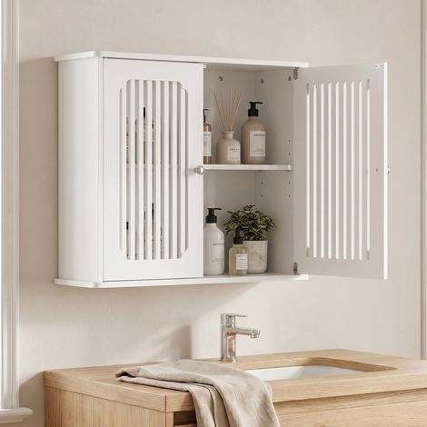 Armario de pared para baño, armario de pared de doble puerta con frontal de listones, práctico botiquín, armario de almacenamiento de pared para el hogar, blanco. (1/5)