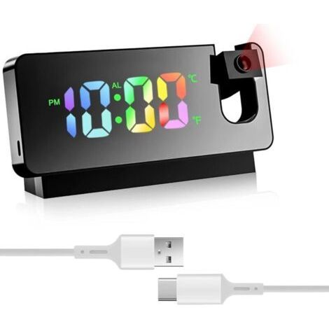 (Noir) Réveil avec projection, réveil miroir, avec affichage de la température et grand écran LED, rotatif à 180°, alimenté par USB, avec projection de plafond, chambre à coucher (1/5)