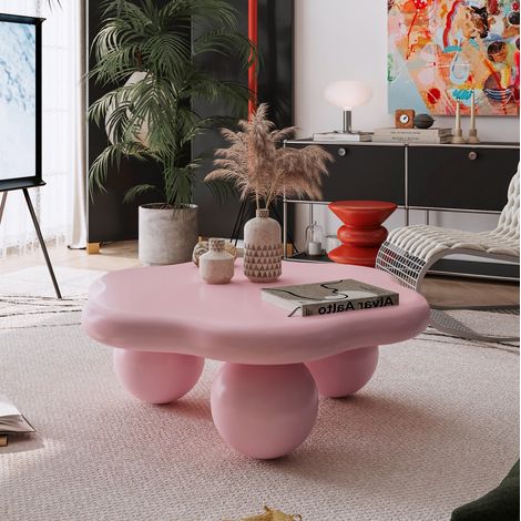 MODFU – Table basse forme nuage 79x79x31 cm MDF et métal – Pieds sphériques, sans angles saillants – Charge 90 kg, 2 colis – Salon – Rose (1/5)