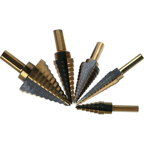 Lot de 5 Foret Étagé, Foret Fraise Meche Etage avec Revêtement Titane pour Acier Bois Plastique Laiton Aluminium PVC Foret de Coupe Conique à Double Fente Revêtu (1/3)