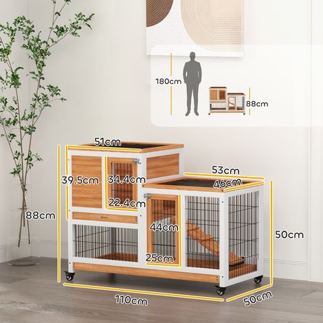Cage à lapin en bois avec roulettes, bac amovible et rampe, 110 x 50 x 88 cm, jaune et blanc (1/5)