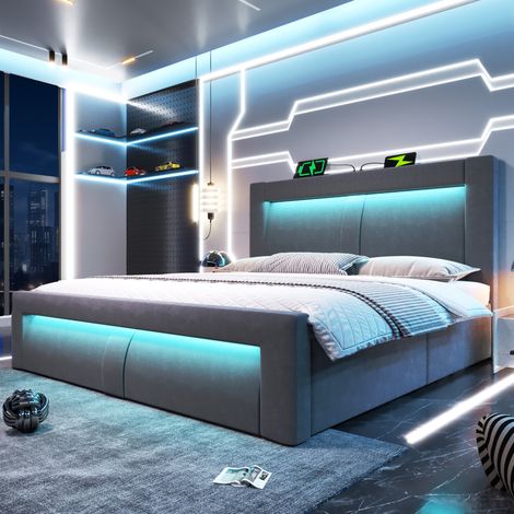 Lit coffre 140x200 cm en velours gris avec LED, ports USB et Type-C, sommier à lattes inclus (1/5)