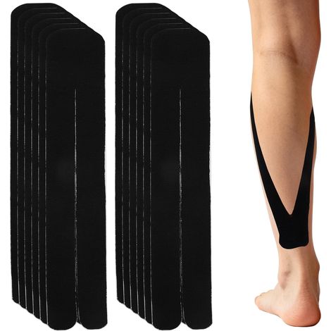 12pcs Bandes Précoupées de Tape Kinésiologique, Bandes Élastiques Imperméables et Respirantes pour le Soutien des Mollets (Noir) (1/5)