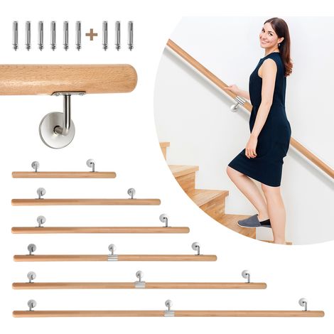 Randaco Buchenholz Handlauf 120 cm, 2-teilig, Treppenhandlauf aus Massivholz mit Edelstahl-Wandhalter, Ø 4,2 cm, lackiert, für Treppe Flur Bad Gartenstufen (1/5)