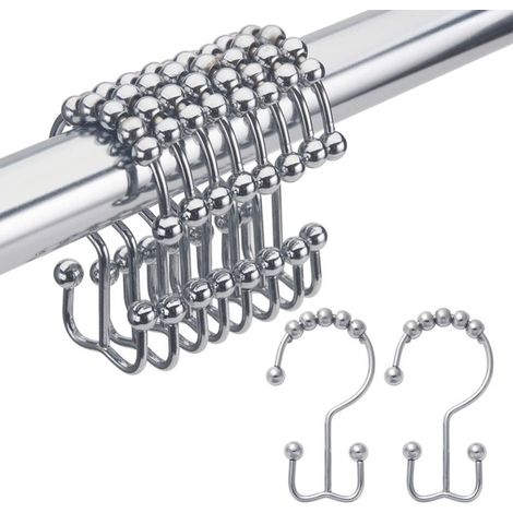 Anneaux De Fixation Pour Rideau De Douche - Métal Antirouille - Double Crochet Coulissant - Pour Barre Et Rideau De Douche - Lot De 12 (1/5)