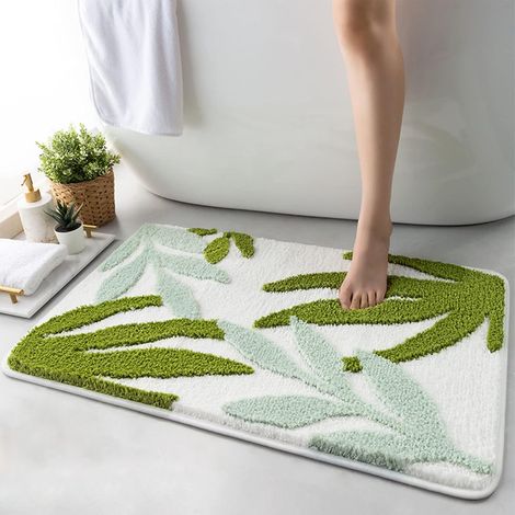Tapis Salle de Bain Antidérapant Absorbant Grand Motif Feuille Vert Lavable Microfibre 40x60cm (1/5)
