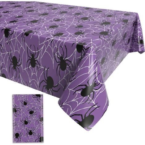 Nappe d'Halloween violette à motif toile d'araignée - Grande nappe rectangulaire imperméable en plastique pour décorations intérieures et extérieures - 130 x 220 cm (1/5)