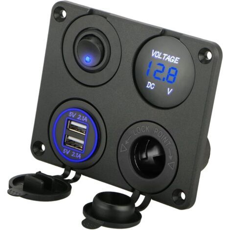 Panneau de commutateur 4en1 12V, prise de chargeur USB double sortie 4.2A avec commutateur basculeur imperméable ON/OFF, prise de voltmètre numérique LED et briquette de cigarette (1/5)