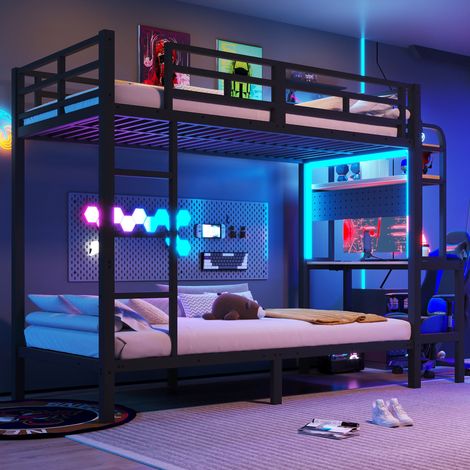 Cama alta 90x200 cm con escritorio y estanterías para niños jóvenes de metal y mdf negro - con somier de láminas luces led y puerto usb (1/5)