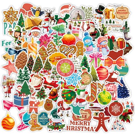 100 autocollants de Noël imperméables en vinyle, sans motif répétitif - Cadeaux de Noël et petits présents pour enfants et adolescents - Idéal pour remplir les chaussettes de Noël (1/5)