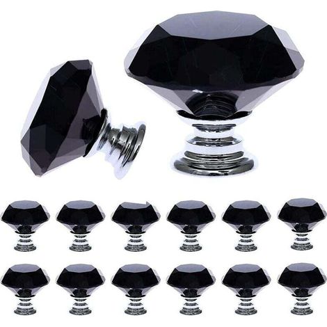 Lot de 12 poignées de meuble en cristal noir (30 mm), avec graduations, pour porte, tiroir, cuisine, bureau, chambre et placard. (1/4)