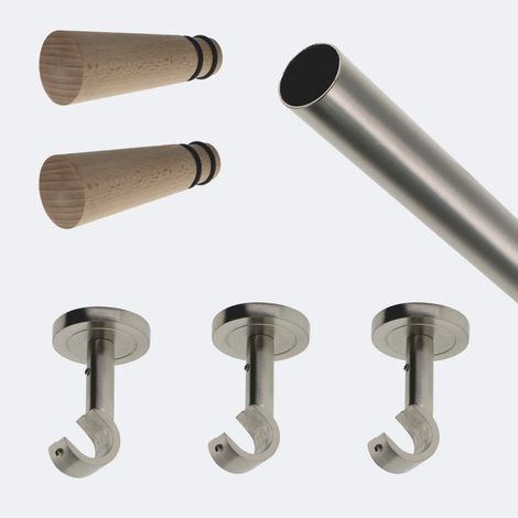 Kit de tringle à rideaux Nickel Mat 250cm Diam.20mm Embout Cône Bois - Fixation Plafond - Boulet (1/3)