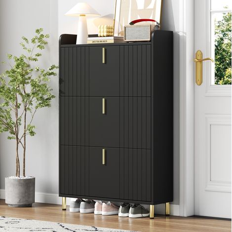 Meuble à chaussures en MDF noir mat, 3 abattants, tablettes réglables, 80 x 23 x 123,5 cm (1/5)