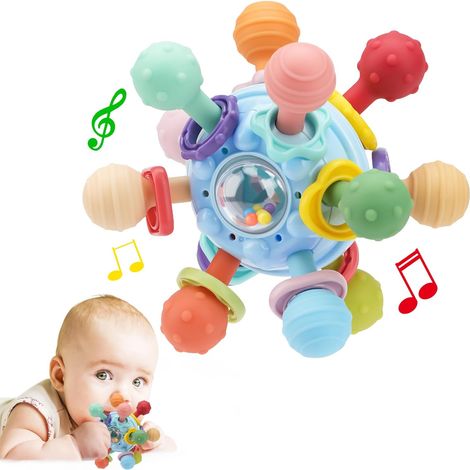 Jouet sensoriel pour bébé zéro à douze mois anneau de dentition en silicone alimentaire cadeau pour nouveau né six à dix huit mois (1/5)
