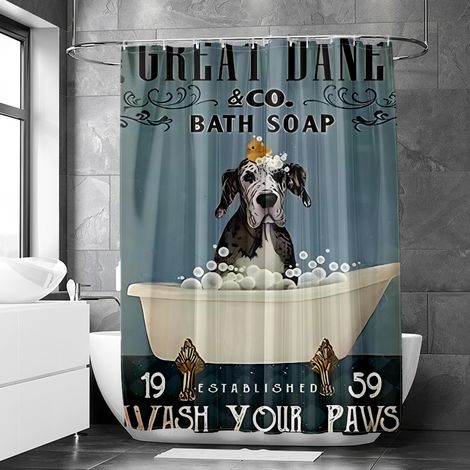 Rideau de douche motif chat et chien aquarelle rétro, rideau salle de bain imperméable, 150x180 cm (1/5)