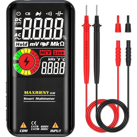 Multimètre numérique intelligent automatique avec grand écran couleur, 9 999 points, testeur multifonction de tension, capacité, résistance de diode, continuité, fréquence, cycle de service NCV