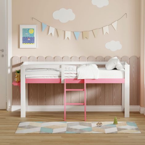 Lit mezzanine enfant 90×200 cm - barrière de sécurité, échelle fixe, tablette - pin massif - Blanc/Rose (1/5)