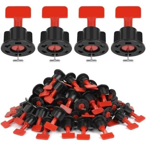 Niveleur de Carrelage, 100 Pièces Réutilisables Kit Nivellement Carrelage Niveleur Cale Carrelage Autonivelant, redresseurs de carreaux avec broches interchangeables 1,5 - Rouge et noir (1/5)