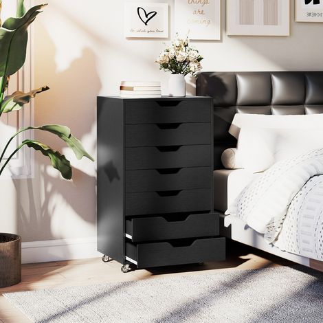 Armoire de Rangement à 7 Tiroirs Organisateur de Fichiers Mobile avec 4 Roulettes Universelles Commode Verticale sur Roues Noir (1/3)