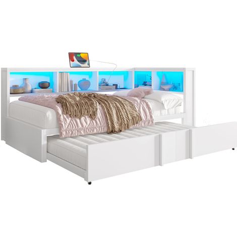 Lit banquette lit gigogne 90x200 cm en métal avec couchage d’appoint, placards de rangement, éclairage led et ports usb, blanc (1/5)