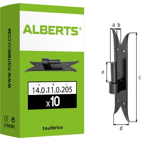 10 gonds platine noir queue de carpe 11mmx205mm Ø14 Alberts
