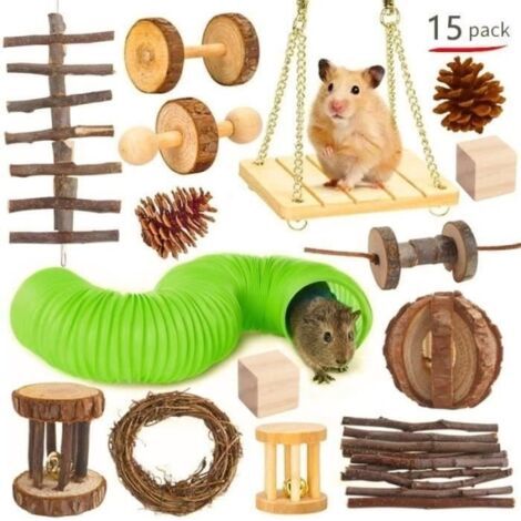 KIT JOUET - SET ENSEMBLE JOUET Lot de 15 jouets à mâcher pour hamster en bois naturel Cochon d'Inde Jouet Molaires Fun Tunnel Jouet (1/5)
