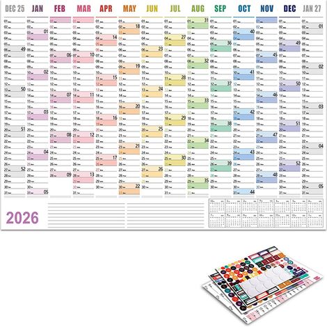 Planning Tableau Annuel - 52,5 x 74,2 cm - Grille Semaine Lune - Pour Bureau Maison Étude - 1 Pièce (1/5)